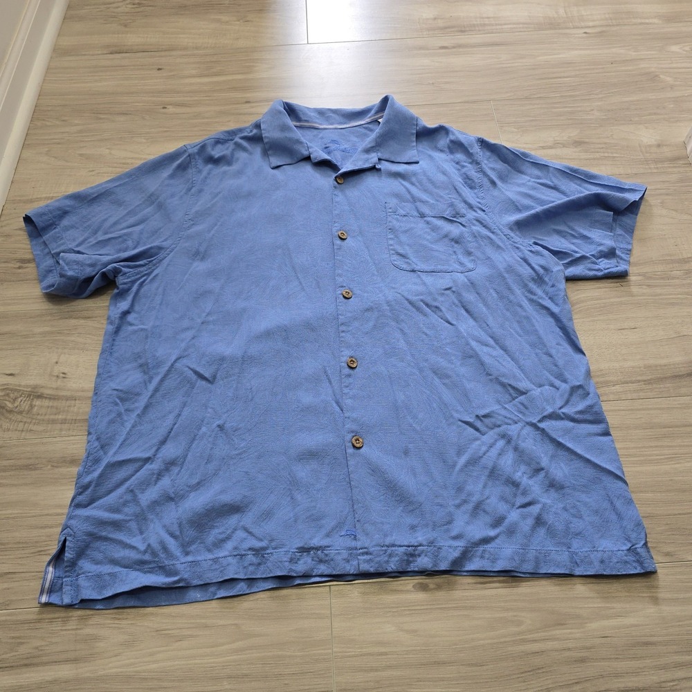 Tommy Bahama Hawaiian Shirt Mens XL Blue Silk Palm Leafs Tropical Resort - Picture 2 of 11